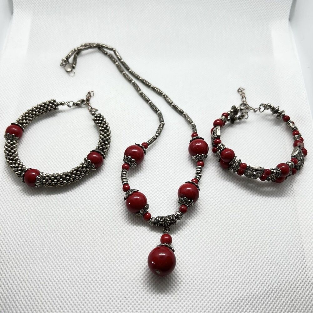 Vintage Red Coral & Silver Tone Metal Bead Necklace & 2 Coordinating Bracelets